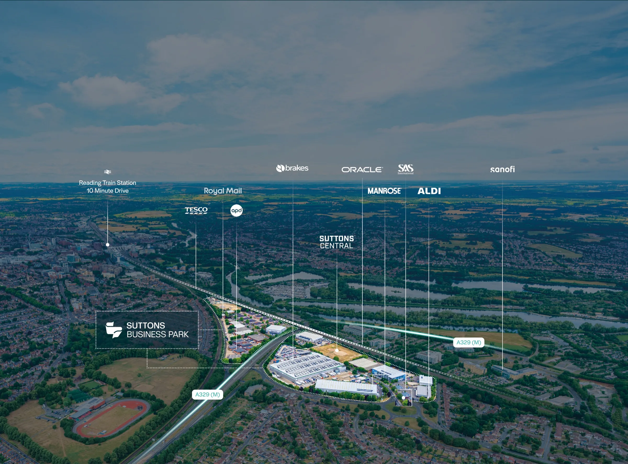 Aerial view of Suttons Business Park, Reading, showing neighbouring occupiers including Tesco, Royal Mail, Oracle, Aldi and Sanofi, and the A329 (M) link